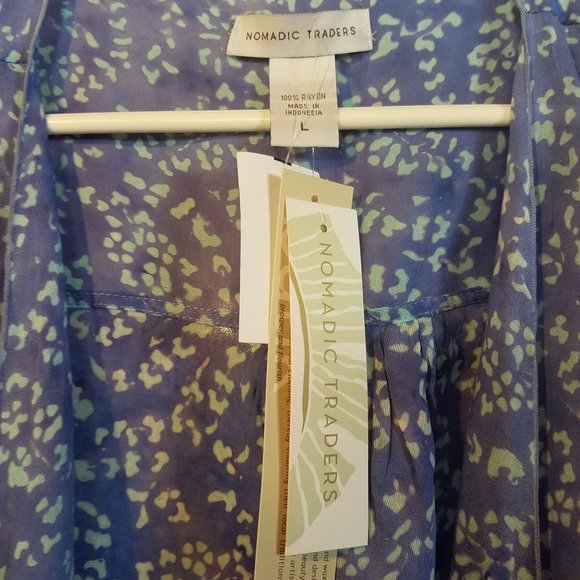 NWT Nomadic Traders L Women's Batik Rayon Lt Wt 3/4 sleeve Wrap Periwinkle/Green - Picture 11 of 11